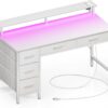 Seventable 39-Inch Computer Desk with Power Outlets & LED Lights – Modern Home Office Desk with 5 Drawers & Monitor Stand, White